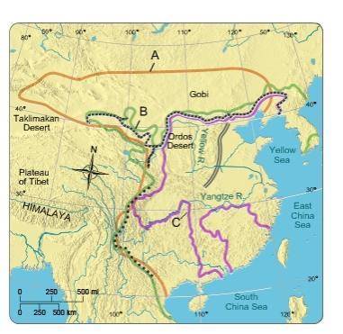 Which labeled line indicates the Great Wall of China?
A
B
C