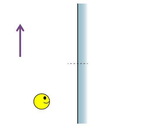 A person sees the image of an arrow reflected in a plane mirror. The dashed line in the figure repr