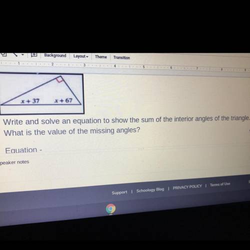 Help me please!

Write and solve an equation to show the sum of the interior angles of the triangl