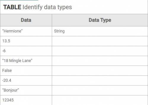 Finish identifying the data types of each of the following pieces of data: