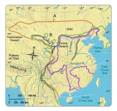 Which labeled line marks the boundary of the Qin empire?
A
B
C