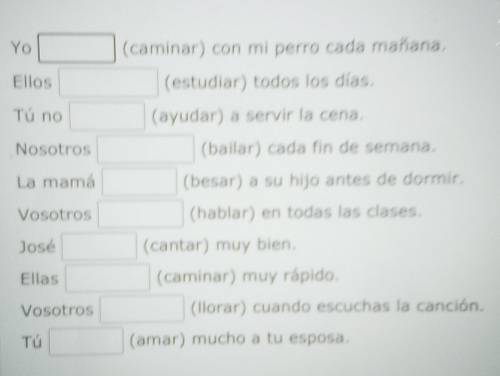 Fill in all the gaps with the correct present tense form of the verb in brackets.

Yo (caminar) co