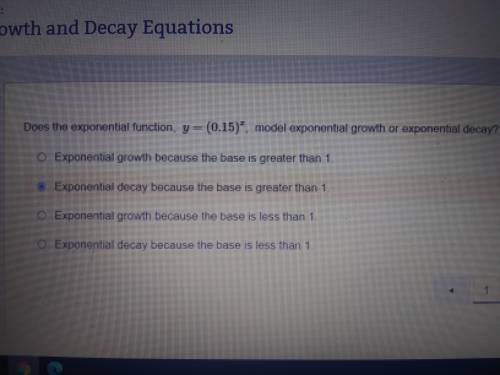 Does the exponential function, y =(0.15)^x model exponential growth or exponen
