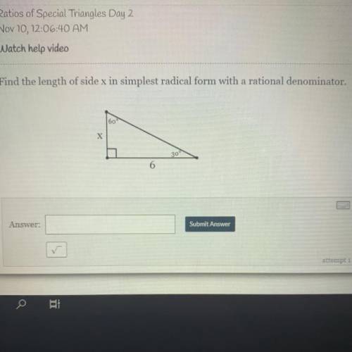 Find the length of side x in simplest radical form with a rational denominator.