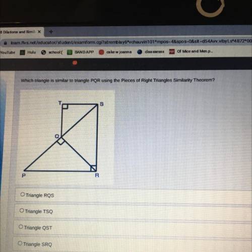 Which triangle is similar to triangle PQR using the pieces of Right Triangles Similarity Theorem?