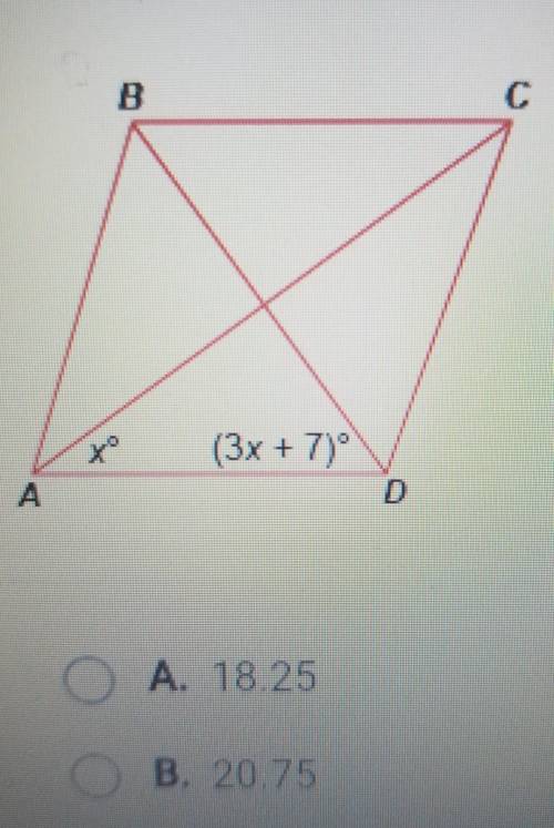 Given that ABCD is a rhombus, what is the value of x?

A. 18.25 B. 20.75 C. 30 O D. 64 E. 86 F. Ca
