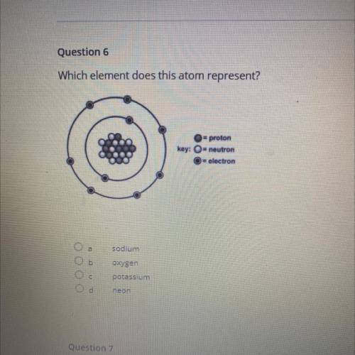 Which element does this atom represent?

= proton
key: O-neutron
= electron
sodium
ОООО
oxygen
α.