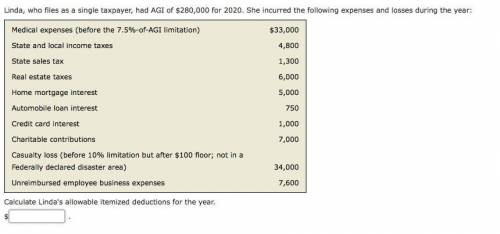 Linda, who files as a single taxpayer, had AGI of $280,000 for 2020. She incurred the following exp