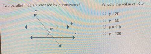 Two parallel lines are crossed by a traversal. What is the value of y?