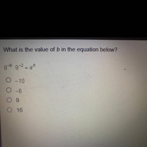 PLEASE HELP!!

What is the value of b in the equation below?
g-3.9-2- a^b
O -10
O -6
09
O 16
p