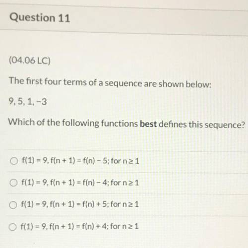 The first four terms of a sequence are shown below:

9,5, 1, -3
Which of the following functions b