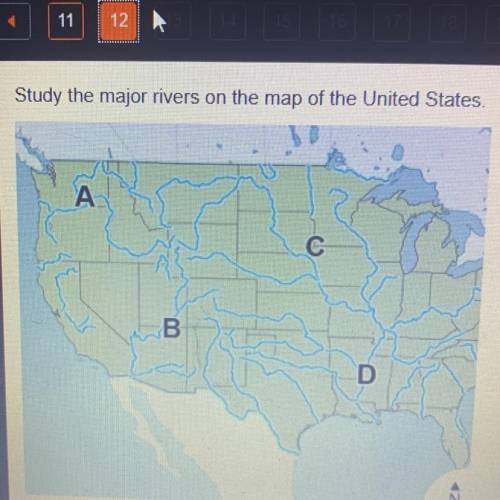 Study the major rivers on the map of the United States. Which river is marked with the letter D?