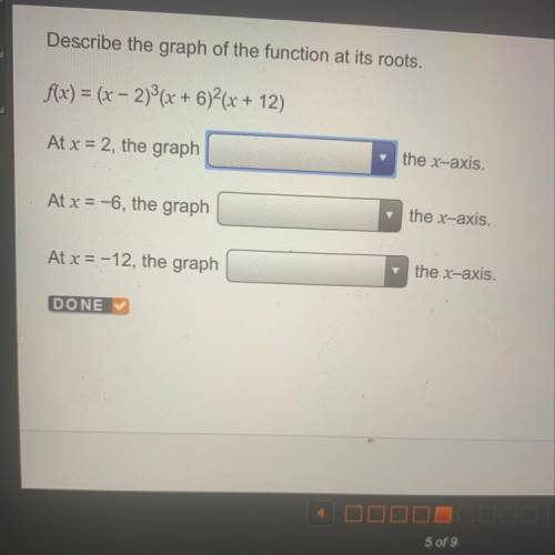Describe the graph of the function at its roots.

f(x) = (x - 2)2(x + 6)2(x + 12)
At x = 2, the gr