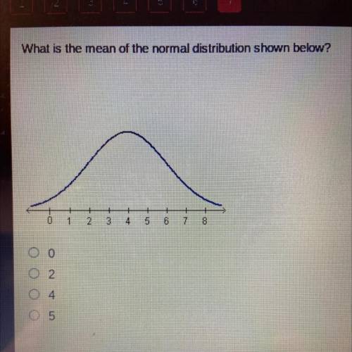 What is the mean of the normal distribution shown below?

0 1
2
2
3
4 5 6 7 8
ОО
O 2
O 5