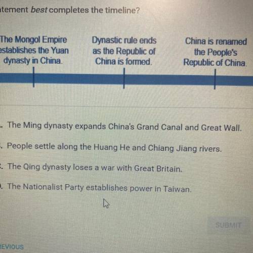 Which statement best completes the timeline?

A. The Ming dynasty expands China's Grand Canal and