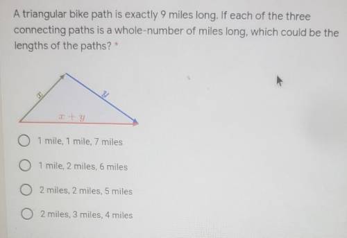 A triangular bike path is exactly 9 miles long. If each of the three connecting paths is a whole-nu