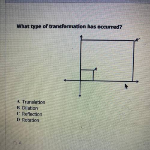 What type of transformation has occurred?

A Translation
B Dilation
C Reflection
D Rotation