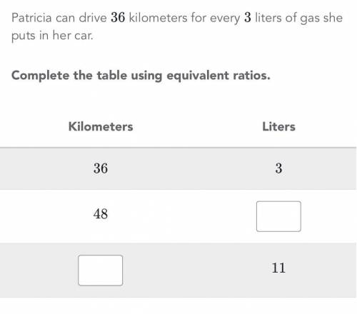 Patrica can drive 36 kilometers for every 3 liter of gas she puts in her car complete the table usi