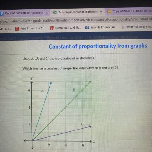 Which line has a constant of proportionality between y and x of 3