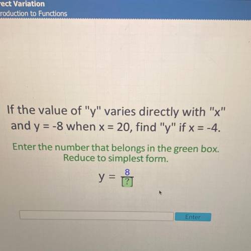 !! please help timed

If the value of y varies directly with x
and y = -8 when x = 20, find y