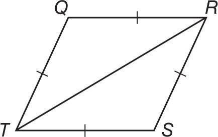 The rhombus QRST is made of two congruent isosceles triangles. Given m∠QTS = 64, what is the measur