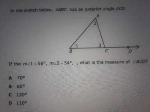 In the sketch below, triangle ABC has an exterior angle ACD.