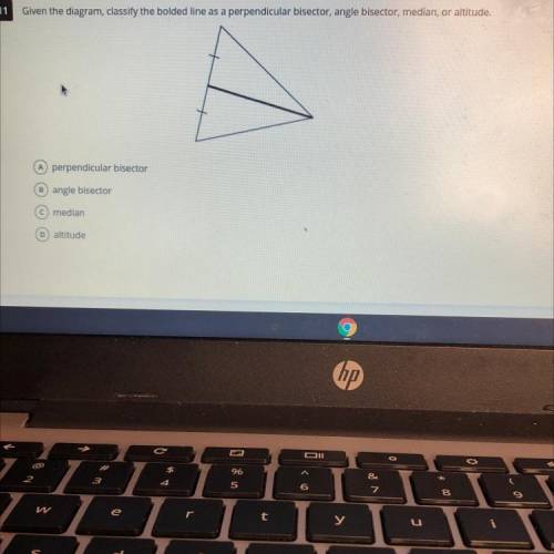 Please help !

given the diagram classify the bolded line as a perpendicular bisector , angle bise