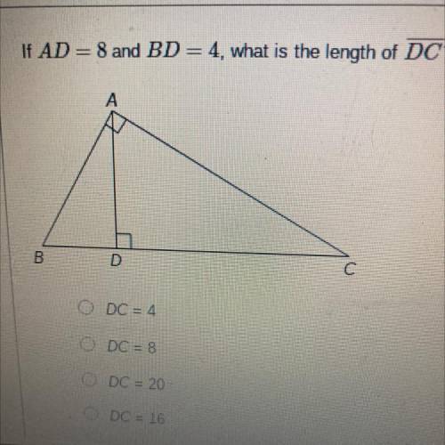 If AD = 8 and BD = 4, what is the length of DC?