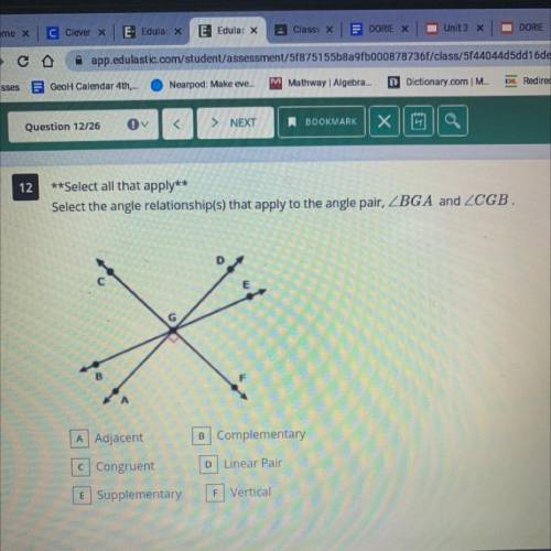 Select the angle relationship(s) that apply to the angle pair, BGA and CGB.