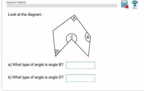 Look at the diagram.
What type of angle is angle B?
What type of angle is angle D?