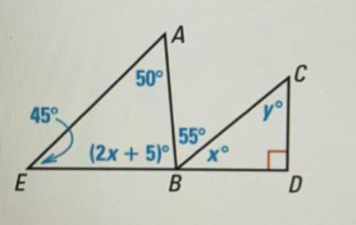 Use the figure below to find the values of x and y

multiple choice
x=30 y=60
x=45 y=45
x=40 y=50