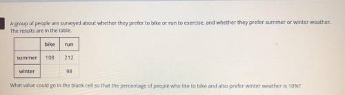 A group of people are surveyed about whether they prefer to bike or run to exercise, and whether th