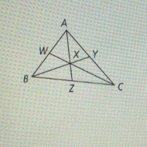 1. If CW = 15, find CX and XW.

-
2. If BX=8, find BY and XY.
-
3. If XZ = 3, find AX and AZ.
-
CA