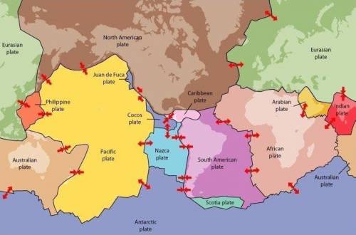 This map shows the movement of the world's tectonic plates. Which plate moves in more than one dire