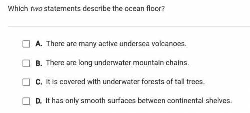 Which TWO statements describe the ocean floor giving brainliest pls