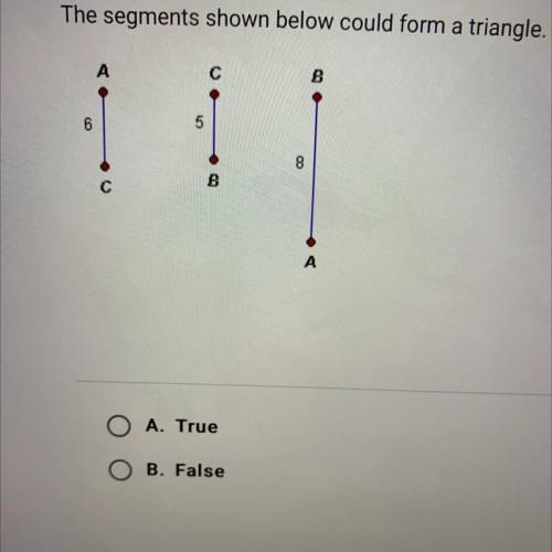 The segments shown below could form a triangle.
O A. True
O B. False