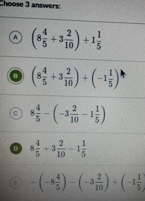 Which of the following expressions are equivalent to -8+4/5 + (3+2/10 - 1+1/5