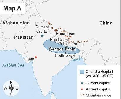The maps show the Gupta Empire.

2 maps. Map A: A key shows Chandra Gupta I (circa 320 to 35 C E)