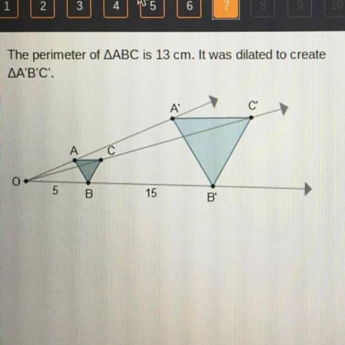 What is the perimeter of AA'B'C'?

The perimeter of AABC is 13 cm. It was dilated to create
AA'B'C