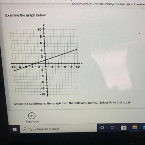Select the solutions to the graph from the following points. Select three that apply.

A. (-6, 1)