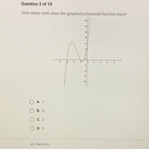 How many roots does the graphed polynomial function have?
А. 1
В. 4
С. 2
D. 3