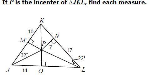 If p is the incenter of triangle jkl, find each measure