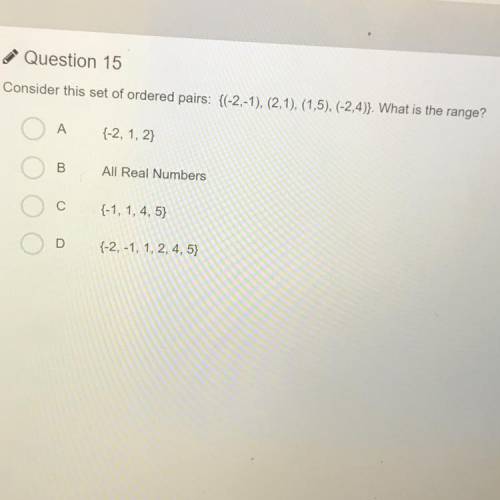 Question 15

Consider this set of ordered pairs: {(-2,-1), (2,1), (1,5), (-2,4)}. What is the rang