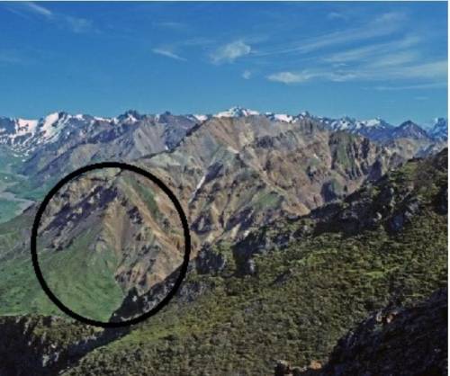 Which describes the circled area of these mountains?

A syncline is visible.
An anticline is visib