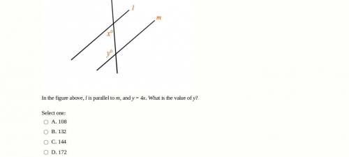 In the figure above, l is parallel to m, and y = 4x. What is the value of y?