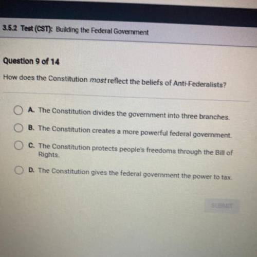 How does the Constitution most reflect the beliefs of Anti-Federalists?

A. The Constitution divid