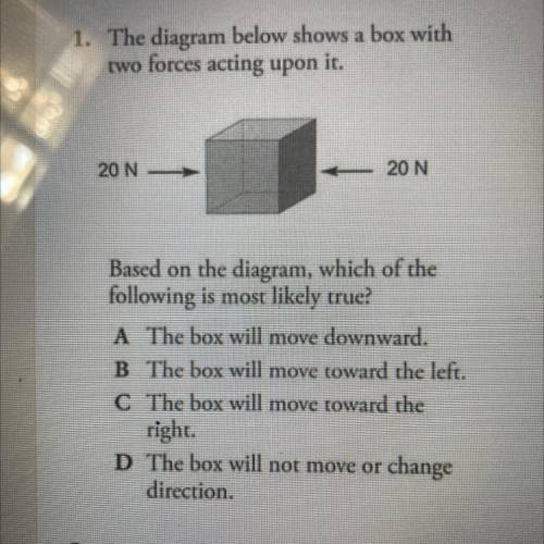 The diagram below shows a box with

two forces acting upon it.
20 N
20 N
Based on the diagram, whi