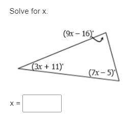 Will Mark brainliest
Solve For X /// (9x - 16)° (3x + 11)° (7x - 5)°