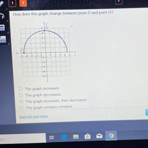 How does this graph change between point D and point G?

5G
4
3
2
1
-5 -3 2-2
5
X
-6
O The graph i