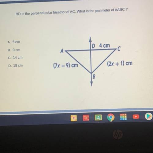 BD is the perpendicular bisector of AC. What is the perimeter of AABC?

A. 5 cm
B. 9 cm
D 4 cm
C.